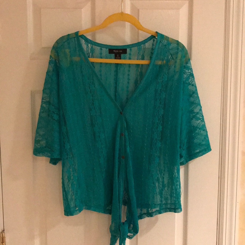 Size Medium teal lace overlay shirt. Like new!